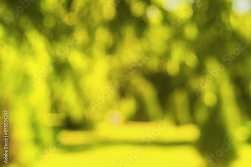 Photos Blurred orange, yellow, green background for artistic blanks, only contours of fuzzy trees, shrubs, grass, light and shadow contrasts