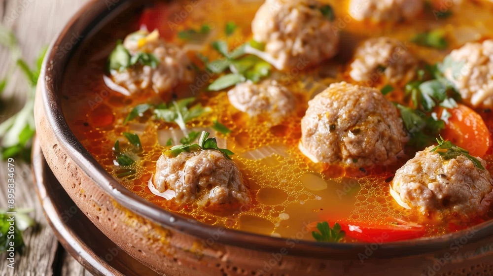 Ciorba de Perisoare Romanian traditional soup with meatballs and chicken meat close up perspective Ciorba de Perisoare Romanian traditional soup with meatballs and chicken meat close up perspective
