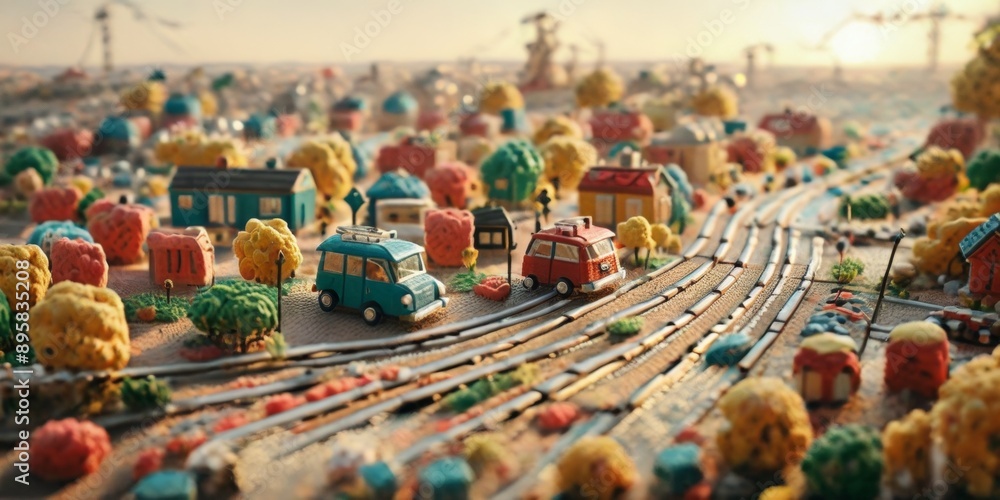 Fototapeta premium 3D map of houses, forests, and roads made of clay material - Generative AI