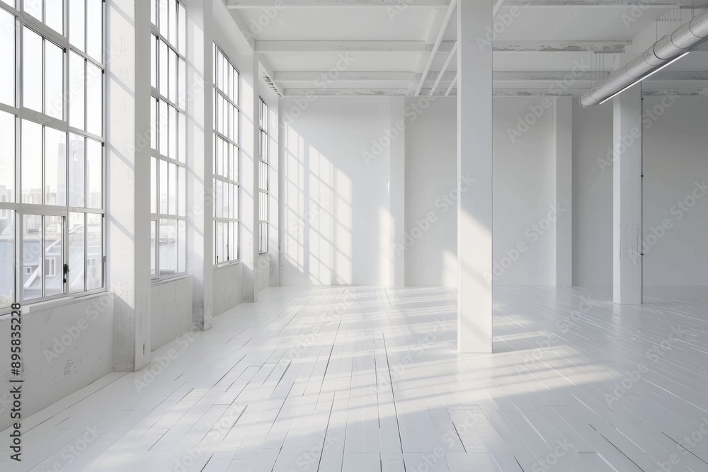 White empty room with large windows and white wooden floor. White empty room with large windows and white wooden floor.
