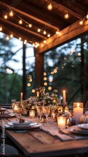 A table with candles and flowers is lit up with lights