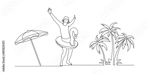 Continuous single line sketch drawing beach vacation summer travel man with swimming pool inflatable flamingo float toy beach coconut palm tree and umbrella parasol sunshade vector illustration
