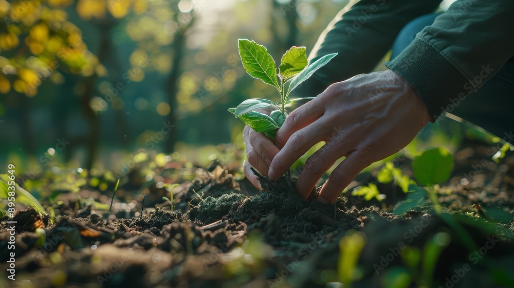 Fototapeta premium A close-up of a hand planting a young seedling in rich soil, symbolizing growth, care for nature, and environmental awareness.