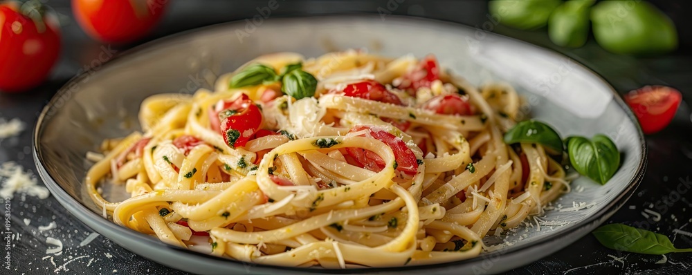 Delicious Italian pasta with fresh tomatoes, basil, and Parmesan cheese served on a grey plate. Perfect for a gourmet meal. Delicious Italian pasta with fresh tomatoes, basil, and Parmesan cheese served on a grey plate. Perfect for a gourmet meal.