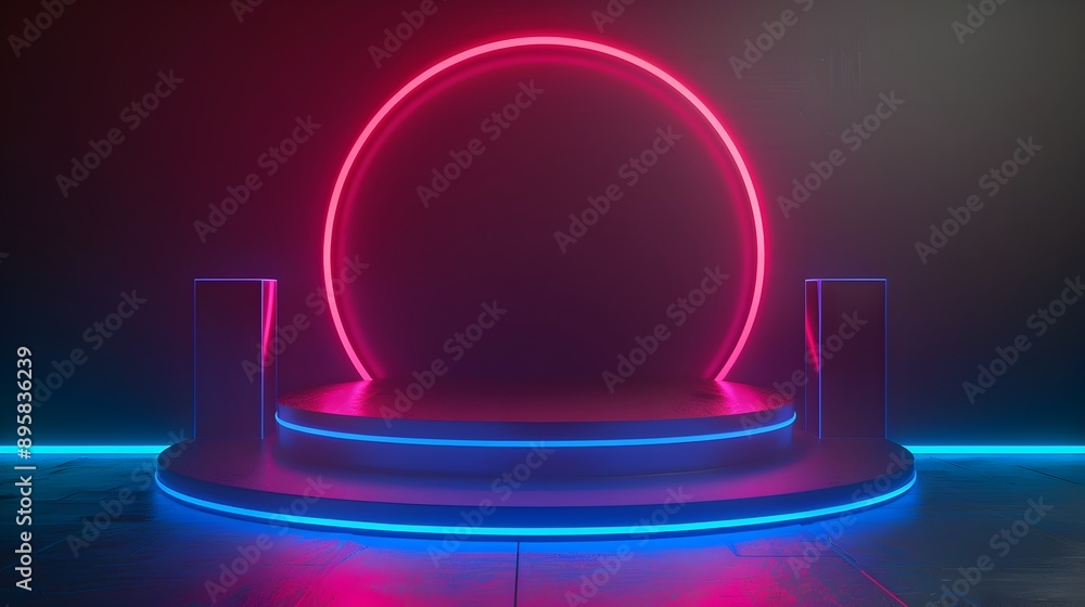Sleek Futuristic Podium with Glowing Neon Lighting in Modern 3D Rendered Scene Sleek Futuristic Podium with Glowing Neon Lighting in Modern 3D Rendered Scene