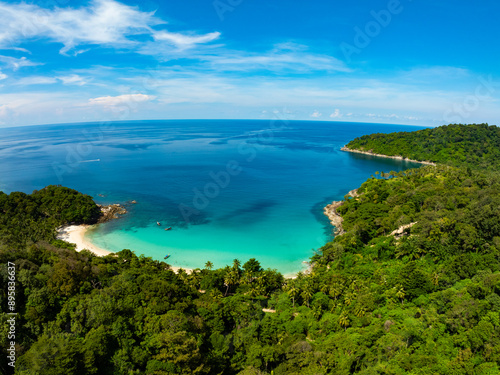 Amazing top view beach Aerial view of Tropical beach sea in the beautiful Phuket island Located at Freedom beach Phuket Thailand,Wide angle view seascape nature background