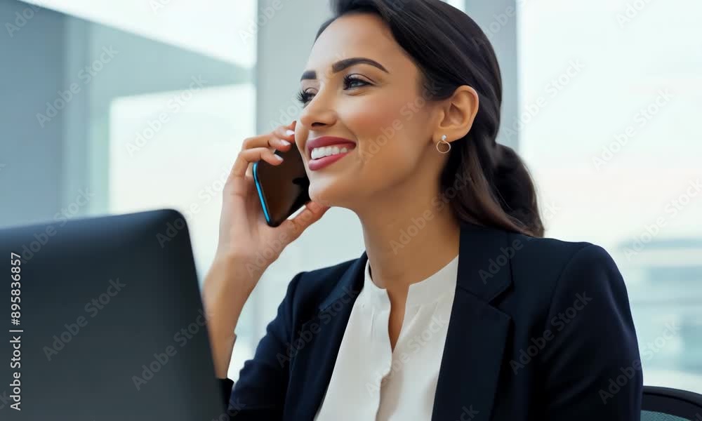 confident businesswoman in suit talking on her phone while working on her laptop in modern office. Her smile and focused expression convey professionalism and effective communication confident businesswoman in suit talking on her phone while working on her laptop in modern office. Her smile and focused expression convey professionalism and effective communication