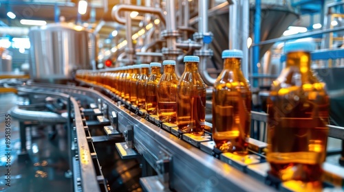 modern beverage production line with gleaming stainless steel machinery bottles move along a winding conveyor belt showcasing industrial efficiency and hygiene in a bright clean factory setting