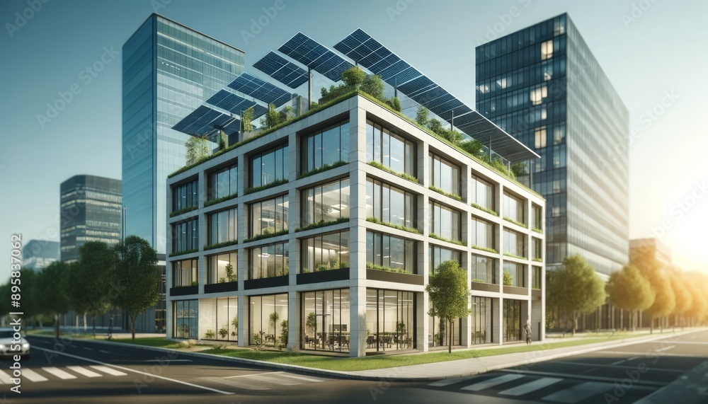 Modern Office Building with Sustainable Architecture, Featuring Green Roofs, Solar Panels, and Large Windows, Highlighting Eco-Friendly Construction and Energy Efficiency Modern Office Building with Sustainable Architecture, Featuring Green Roofs, Solar Panels, and Large Windows, Highlighting Eco-Friendly Construction and Energy Efficiency