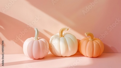 modern thanksgiving still life geometric pumpkin sculptures pastel color palette minimalist composition soft shadows clean background photo