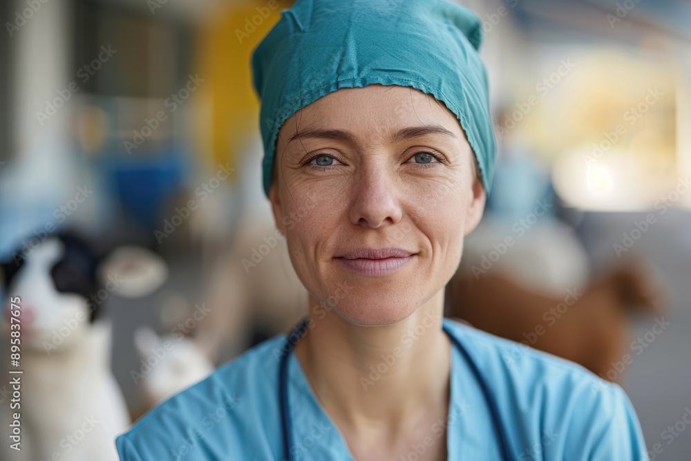 Skilled Veterinarian Surrounded by Animals in Bright Clinic - Professional Portrait with Medium Shot