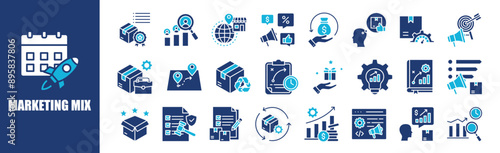  Marketing Mix icon collection set. Containing design, product, business, strategy, price, promotion, and more. Solid vector icons collection.	