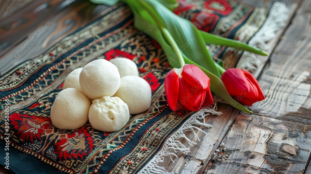 Salty white cheese balls known as kurt, a popular food in Kazakhstan and Kyrgyzstan, are placed on an ornate felt cloth next to a red tulip on a wooden backdrop to celebrate the Nauryz festival Salty white cheese balls known as kurt, a popular food in Kazakhstan and Kyrgyzstan, are placed on an ornate felt cloth next to a red tulip on a wooden backdrop to celebrate the Nauryz festival