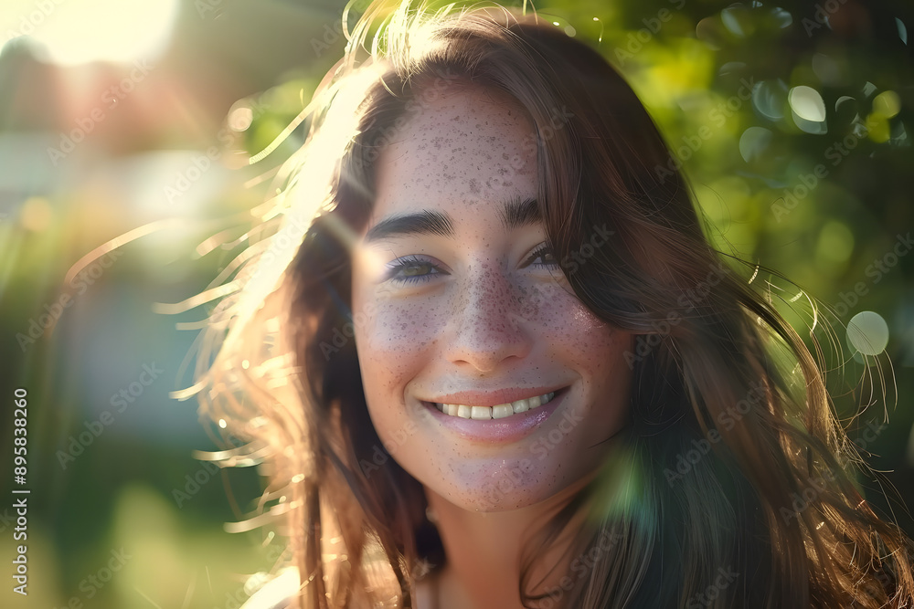 Beautiful young woman with long brown hair and freckles is smiling in the sunshine Beautiful young woman with long brown hair and freckles is smiling in the sunshine