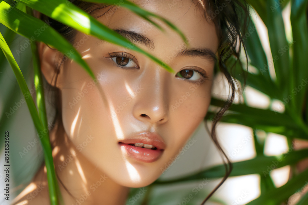 confident Asian woman amidst lush palm leaves confident Asian woman amidst lush palm leaves