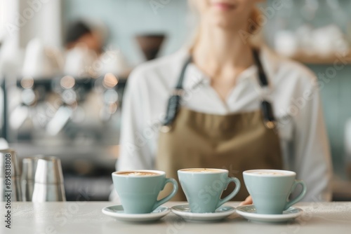 Portrait of Barista in Cafe Setting with Coffee Cups and Soft Light