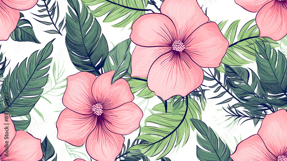 Fototapeta premium Pink and peach hand drawn floral pattern with green leaves, vector illustration, floral line art, floral patterns, seamless patterns, background, large flowers
