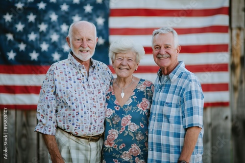 Three senior citizens smiling with american flag background photo