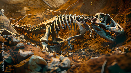 Fototapeta Naklejka Na Ścianę i Meble -  Unearthing a dinosaur skeleton in an excavation site, showcasing fossilized bones against the earth. Concept Excavation Adventure, Fossil Discovery, Paleontology Exploration, Dinosaur Skeleton Dig