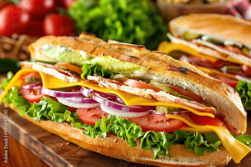 Delicious turkey and swiss sub sandwich being prepared on cutting board