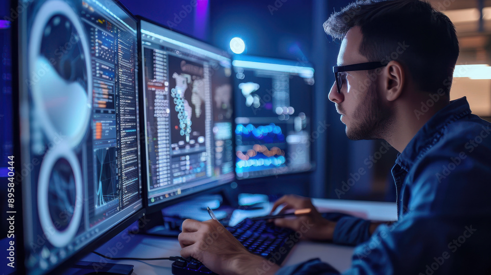 Man creating images with AI software, detailed user interface and generated visuals on the screen Man creating images with AI software, detailed user interface and generated visuals on the screen