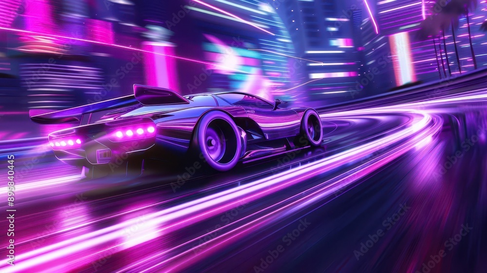 retrofuturistic sports car races through a neonlit cityscape sleek aerodynamic design leaves trails of purple light creating a dynamic scene of speed and futuristic technology retrofuturistic sports car races through a neonlit cityscape sleek aerodynamic design leaves trails of purple light creating a dynamic scene of speed and futuristic technology