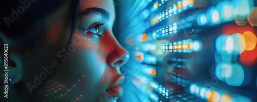 A woman's face is illuminated by a colorful, digital light.