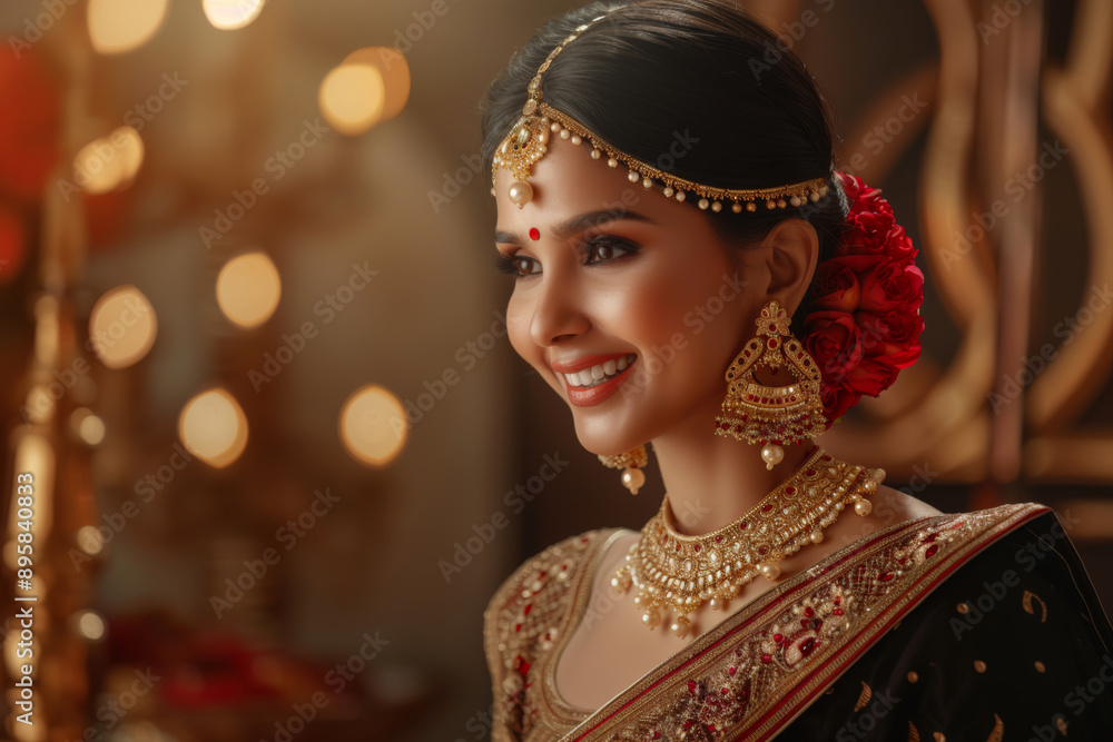 Side portrait of a young joyful bride wearing traditional Indian bridal costumes and jewellery on her wedding
Side portrait of a young joyful bride wearing traditional Indian bridal costumes and jewellery on her wedding