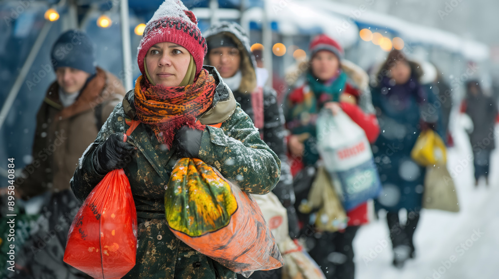 People walking through a snowy outdoor market, bundled up in winter clothing, carrying bags, creating a bustling and cold atmosphere. People walking through a snowy outdoor market, bundled up in winter clothing, carrying bags, creating a bustling and cold atmosphere.