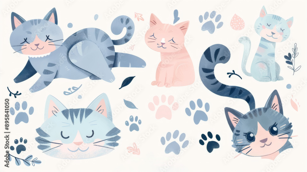 Fototapeta premium Cute Cartoon Cats with Paw Prints and Leaves on White Background