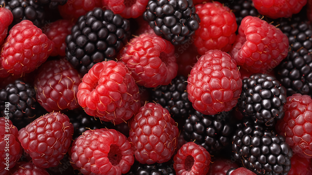 Close-up of fresh raspberries and blackberries mixed together, showcasing their vibrant red and black colors and detailed textures, creating a tempting and healthy fruit medley. Close-up of fresh raspberries and blackberries mixed together, showcasing their vibrant red and black colors and detailed textures, creating a tempting and healthy fruit medley.