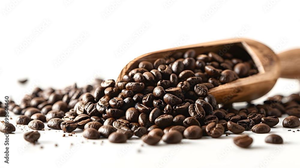 Fototapeta premium Roasted Coffee Beans and a wooden spoon scoop isolated on white background, product display, advertisement, healthy living banner