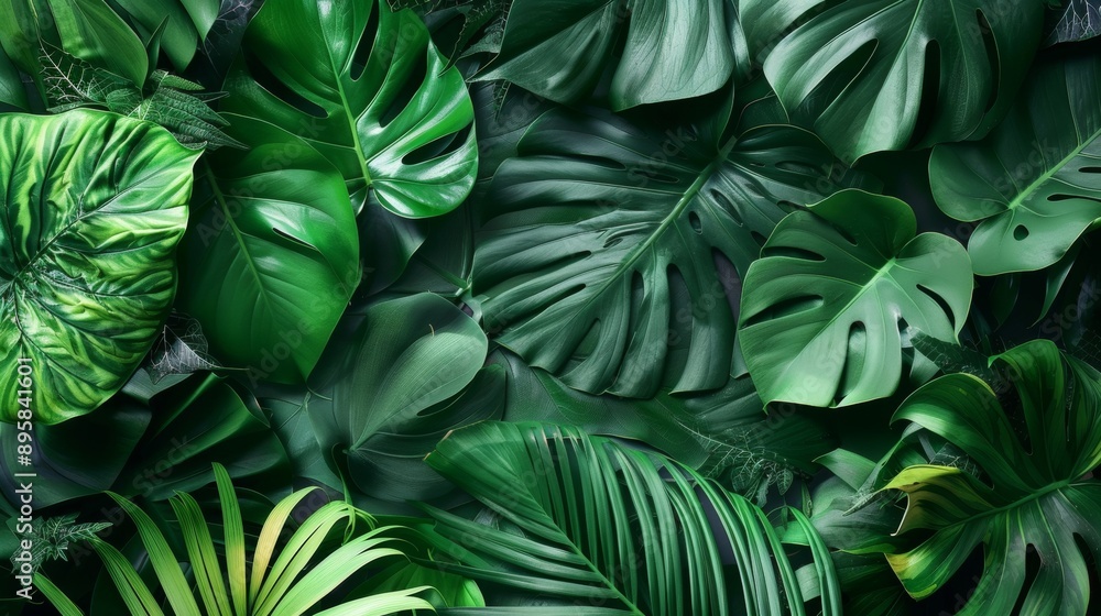 Lush Green Tropical Leaves in Overlapping Pattern Lush Green Tropical Leaves in Overlapping Pattern
