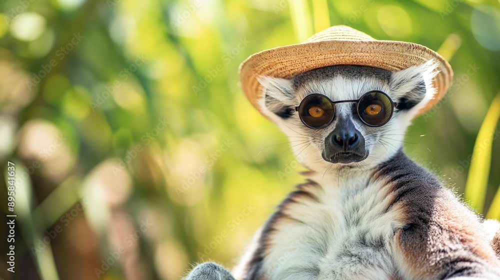 Fototapeta premium Relaxing lemur with sun hat and sunglasses on beach.