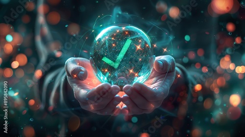 Hands holding a glass orb with a green check mark for compliance