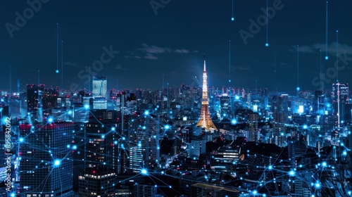 Tokyo Skyline Connected by Digital Network