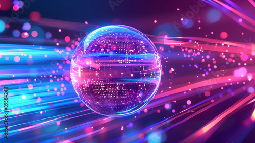 a futuristic data sphere surrounded by dynamic light trails and floating digital particles, emphasizing themes of data visualization, technology, and digital innovation, data spher photo