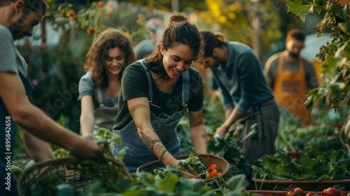 People in a community garden harvesting vegetables. Smiling faces enjoying teamwork and fresh produce. Green leaves and baskets filled with veggies.
