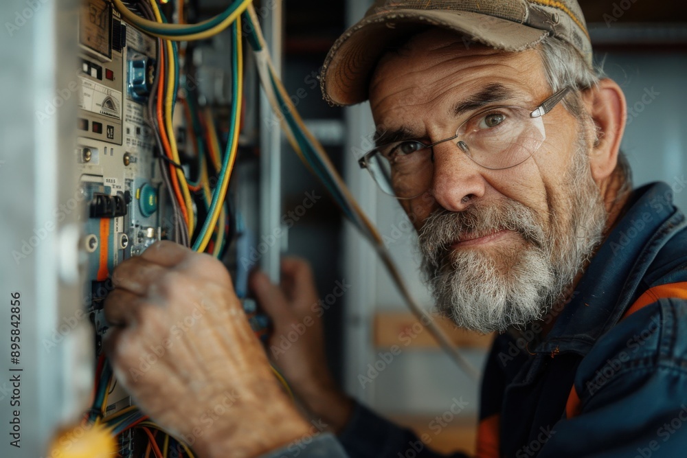 A man wearing glasses and a cap working on an electrical panel, concentrating deeply. Depicted in a professional indoor job site environment, expressing focus and expertise. A man wearing glasses and a cap working on an electrical panel, concentrating deeply. Depicted in a professional indoor job site environment, expressing focus and expertise.