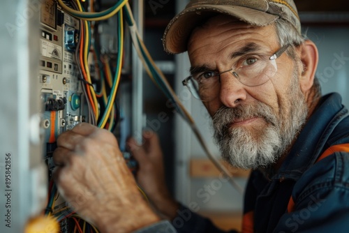 A man wearing glasses and a cap working on an electrical panel, concentrating deeply. Depicted in a professional indoor job site environment, expressing focus and expertise.