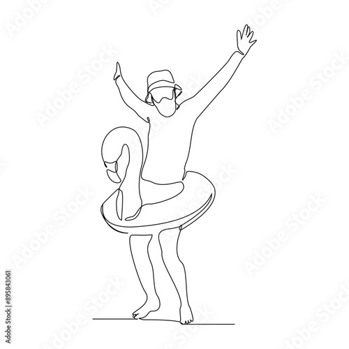 Continuous single line sketch drawing beach vacation summer travel man relaxing with swimming pool inflatable flamingo float toy vector illustration