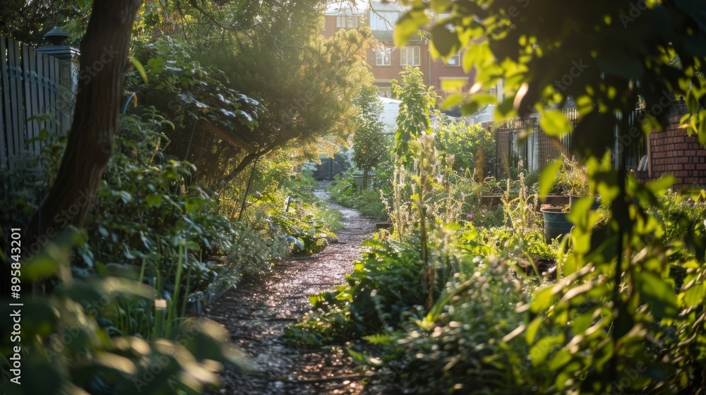 Fototapeta premium Sunlit garden path surrounded by lush green plants on a quiet morning, showcasing nature's peaceful beauty and inviting atmosphere.