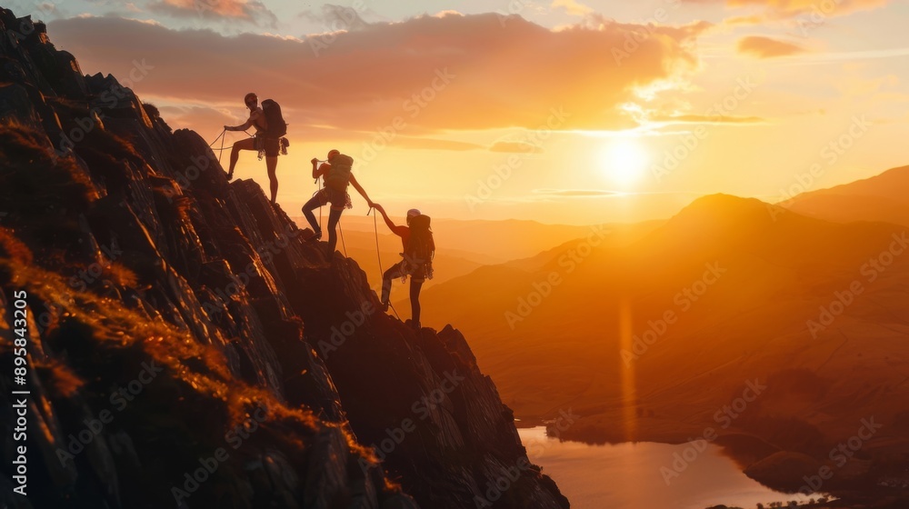 Fototapeta premium Hikers ascend a mountain peak at sunset, symbolizing teamwork and strength. The sunset paints the landscape with a beautiful and calming golden glow.