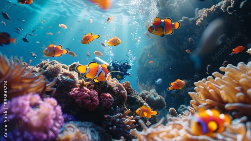 Fototapeta premium Colorful underwater scene with clownfish swimming among corals in the sunlight