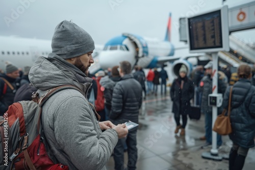 Traveler in warm clothing checking his phone amidst a bustling airport terminal area, surrounded by fellow passengers and airplanes, ready for his next adventure. photo