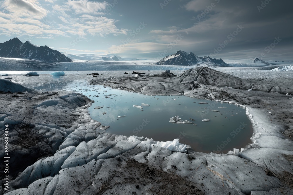 A serene landscape displaying a vast expanse of melting ice with still water in the foreground and distant snow-capped mountains, depicting the raw beauty of glacial environments. A serene landscape displaying a vast expanse of melting ice with still water in the foreground and distant snow-capped mountains, depicting the raw beauty of glacial environments.