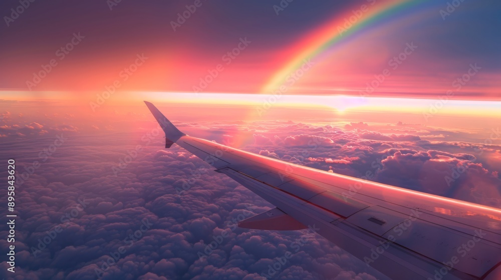 Spectacular sunset viewed from airplane window with vibrant rainbow arching across sky, merging colors and clouds, indicating serene flight. Spectacular sunset viewed from airplane window with vibrant rainbow arching across sky, merging colors and clouds, indicating serene flight.