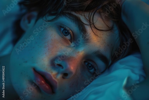 Close-up portrait of a young man with blue eyes, looking wistfully at the camera.  The lighting casts a blue hue on his face.