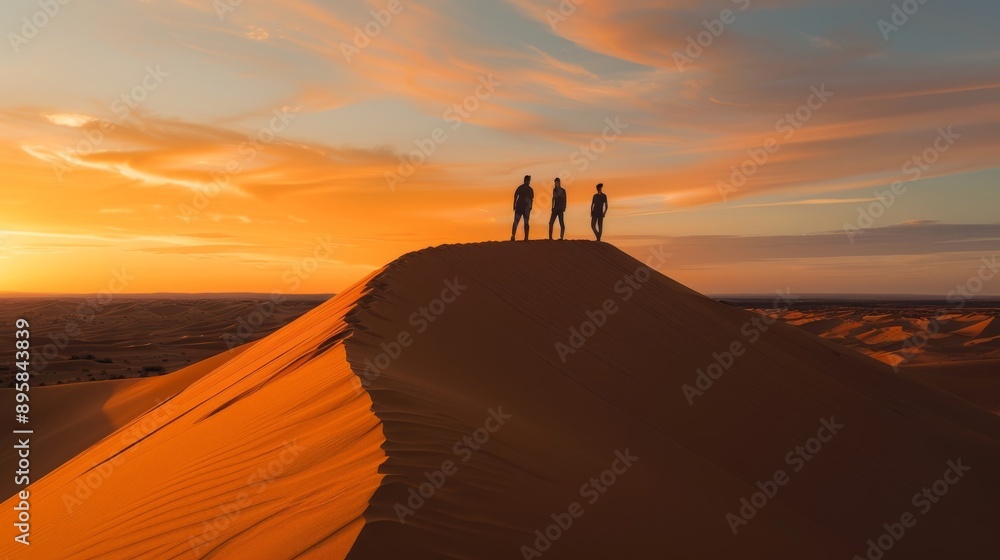 Three people standing on a sand dune at sunset with a breathtaking sky Three people standing on a sand dune at sunset with a breathtaking sky