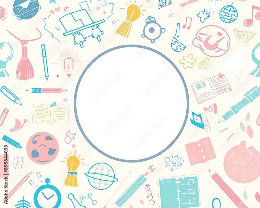 Cute design on a pastel background with doodle school icons and a blank circle. Cute design on a pastel background with doodle school icons and a blank circle.